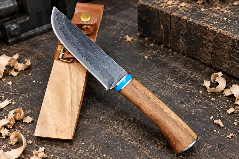 VG10 Damascus Fixed Blade, Sapele Wood details