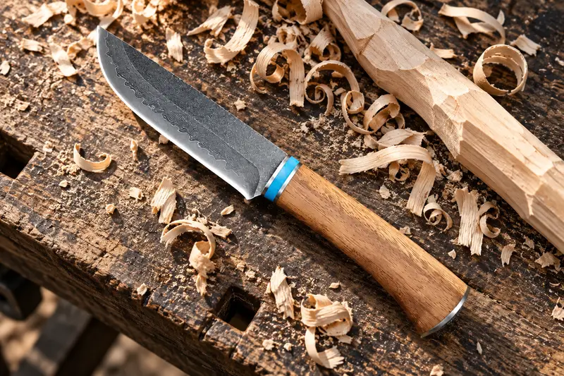 VG10 Damascus Fixed Blade, Sapele Wood — Shavings Around The Workpiece