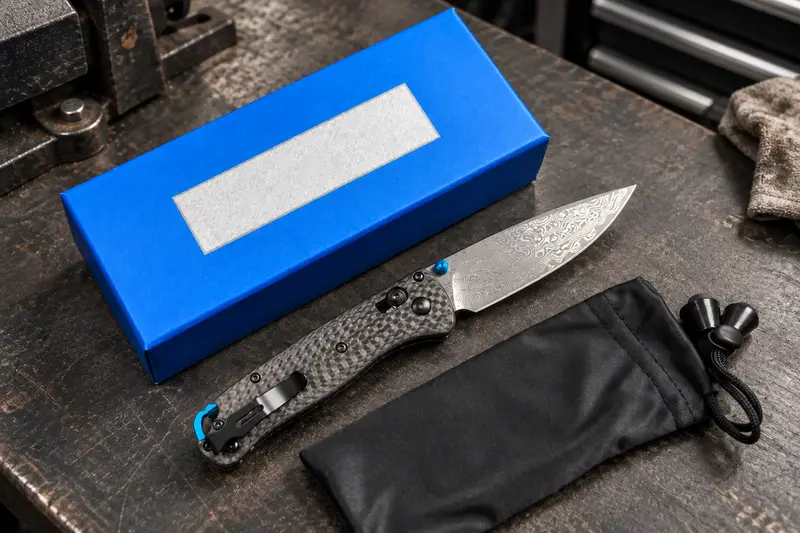 Damascus EDC Folder, Carbon Fiber Handle details