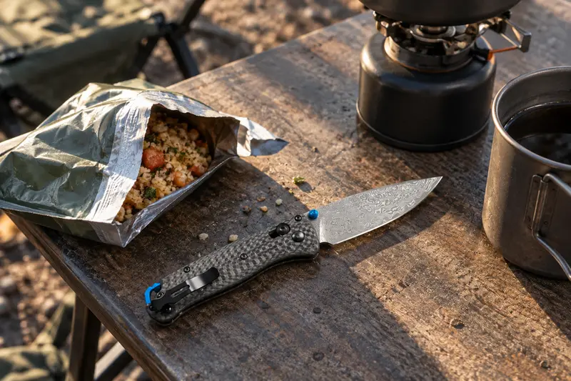 Damascus EDC Folder, Carbon Fiber Handle — Small Camp Table