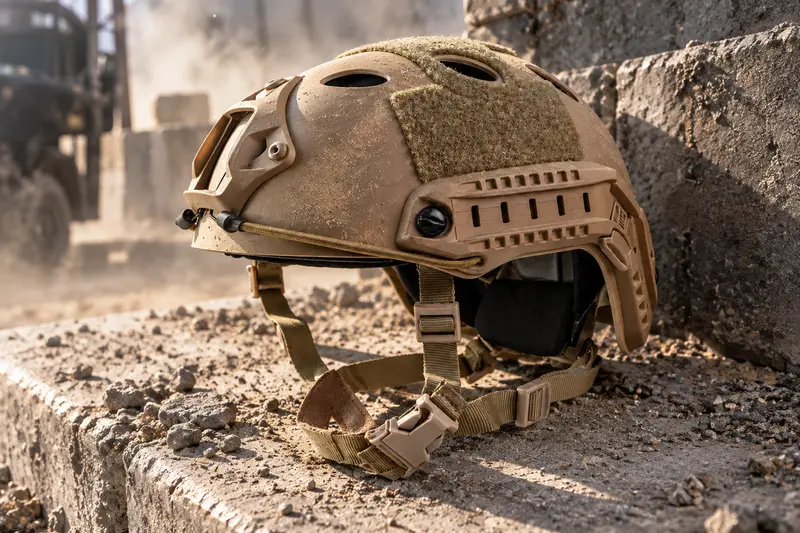 Tan Tactical Helmet — Dusty Outdoor Assignments
