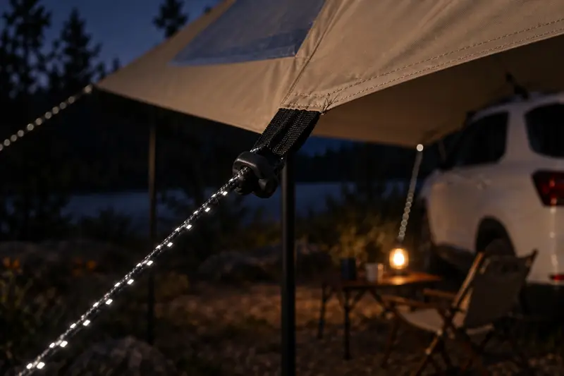 Car Awning with Mesh Panel — Low-Light Campsite
