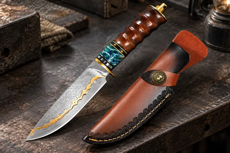 Copper Damascus Fixed Blade, 61 HRC details