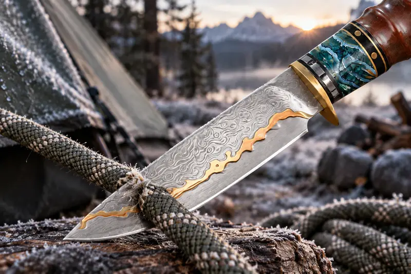 Copper Damascus Fixed Blade, 61 HRC — Cold Morning Camp Setup