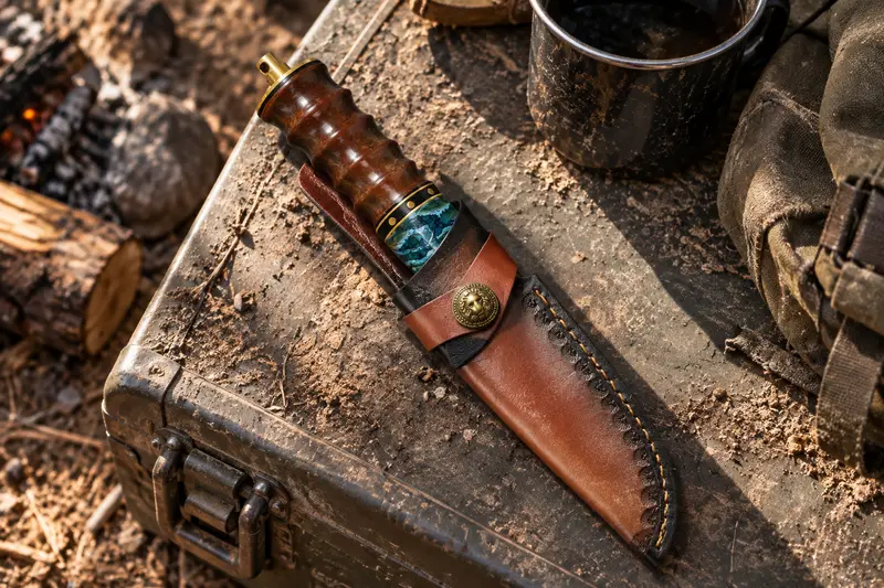Copper Damascus Fixed Blade, 61 HRC — Dusty Camp Pack-Up