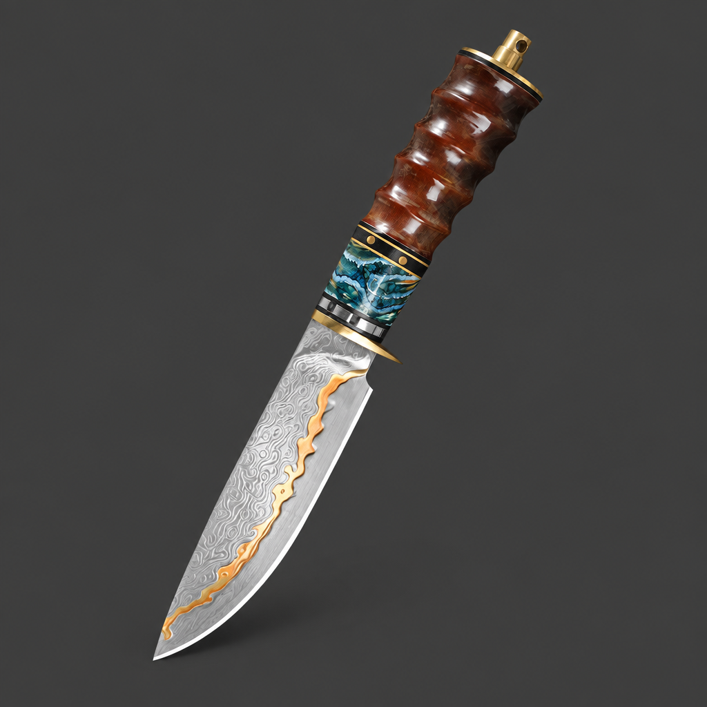 Copper Damascus Fixed Blade, 61 HRC