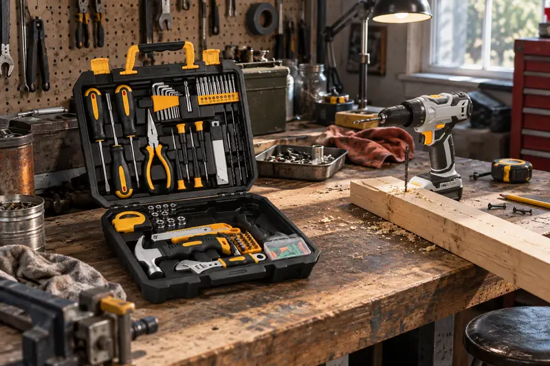 Repair Tool Set Cordless Drill — Cluttered Repair Bench
