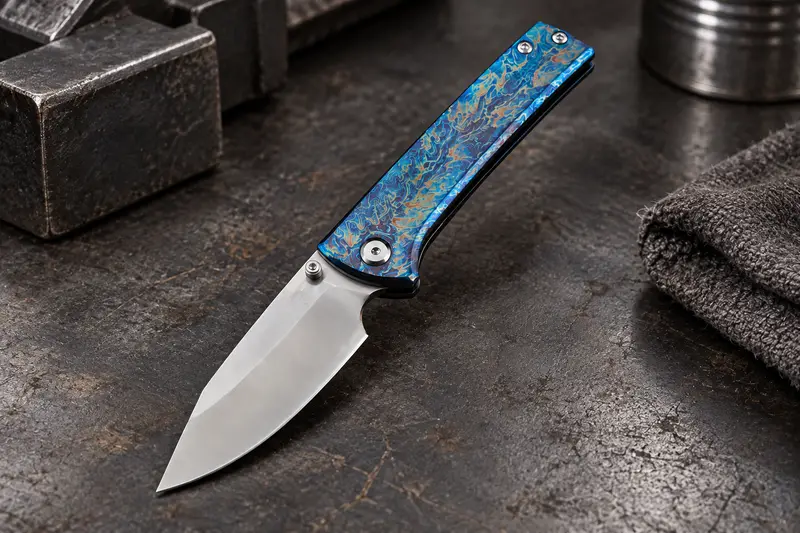M390 Titanium Flipper, Anodized Blue details
