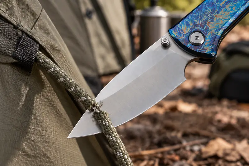 M390 Titanium Flipper, Anodized Blue — Tent-Side Cord Trimming