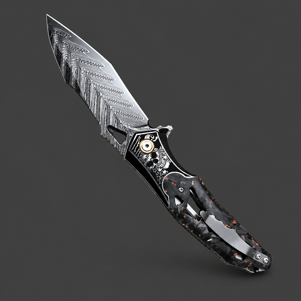 Damascus Flipper Knife, Carbon Fiber & Leather Sheath