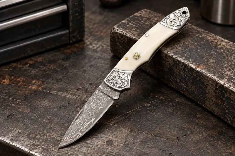 Damascus Folding Knife, Embossed Bolster details