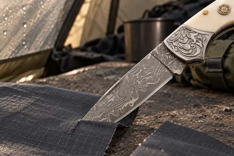 Damascus Folding Knife, Embossed Bolster — Gear Repair Prep
