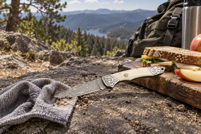 Damascus Folding Knife, Embossed Bolster — Trail Lunch Prep
