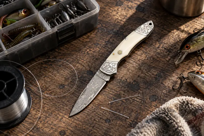 Damascus Folding Knife, Embossed Bolster — Tackle Bench Cleanup