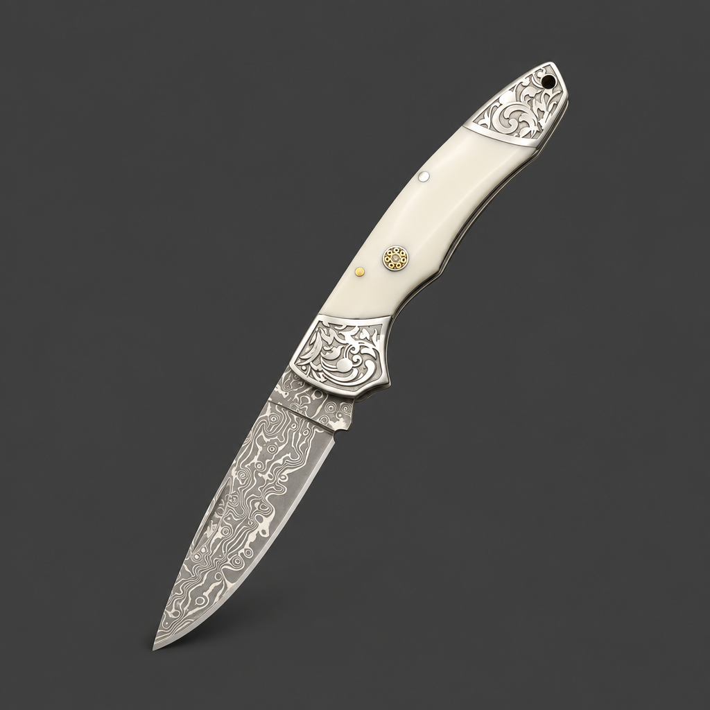 Damascus Folding Knife, Embossed Bolster