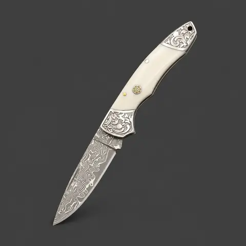 Damascus Folding Knife, Embossed Bolster
