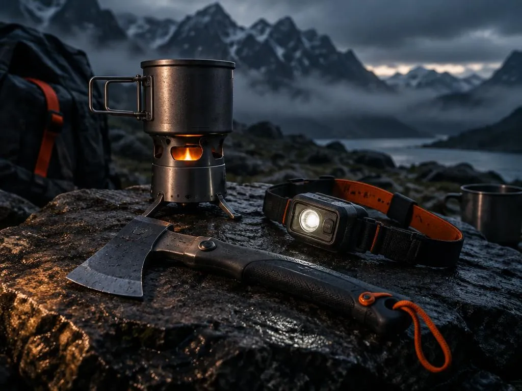 Tent pitched on a granite ridge in the mist